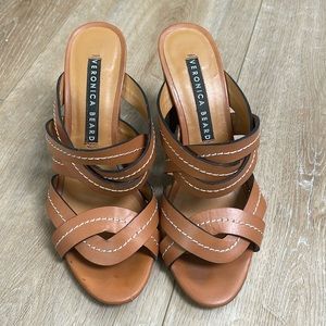 Classic saddle leather with stitching Veronica Beard sandals 3.75” heel